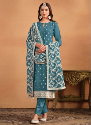 Faux Georgette Teal Salwar Kameez