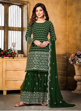 Faux Georgette Thread Work Green Designer Salwar Kameez