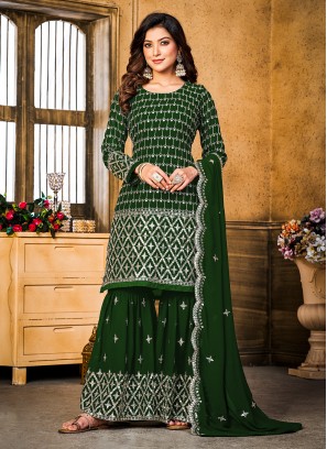 Faux Georgette Thread Work Green Designer Salwar Kameez