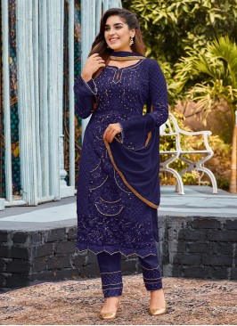 Faux Georgette Trendy Salwar Kameez in Navy Blue