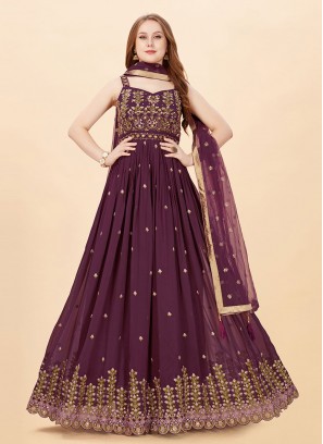 Faux Georgette Wine Handwork Designer Gown