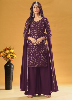 Faux Georgette Wine Readymade Salwar Suit