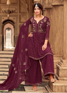 Faux Georgette Wine Sequins Palazzo Salwar Suit