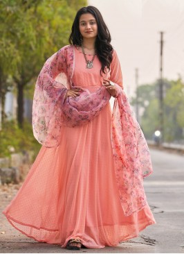 Faux Georgette Woven Peach Floor Length Gown