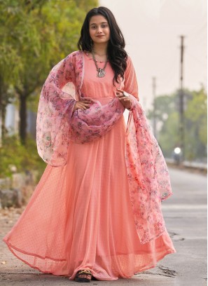 Faux Georgette Woven Peach Floor Length Gown