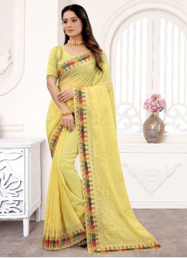 Faux Georgette Yellow Classic Designer Saree