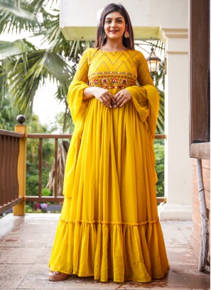 Faux Georgette Yellow Readymade Gown