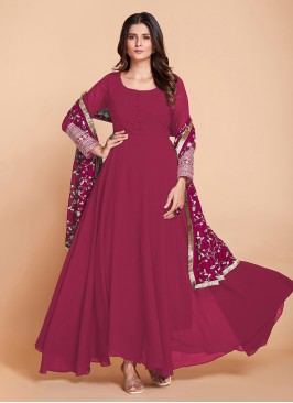 Faux Georgette Zari Readymade Gown in Hot Pink