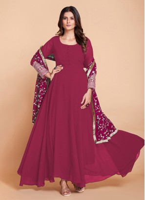 Faux Georgette Zari Readymade Gown in Hot Pink