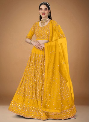 Faux Georgette Zari Yellow Designer Lehenga Choli