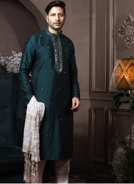 Bottel Green Silk Kurta Pajama with Off-White PolySilk Trouser.