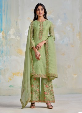 Festal Embroidered Green Satin Trendy Salwar Kameez