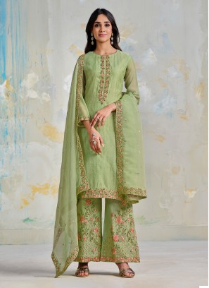 Festal Embroidered Green Satin Trendy Salwar Kameez