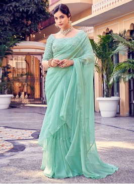 Festal Sequins Sea Green Organza Designer Saree