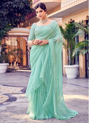 Festal Sequins Sea Green Organza Designer Saree