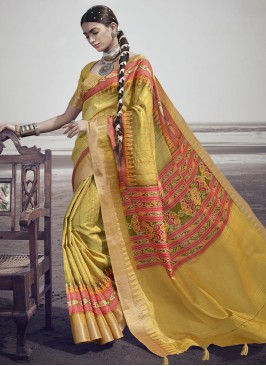 Festal Silk Yellow Digital Print Trendy Saree