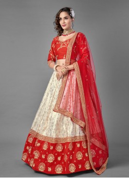 Festal Zari Red and White Jacquard Lehenga Choli