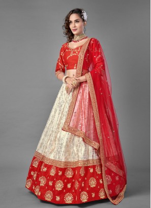 Festal Zari Red and White Jacquard Lehenga Choli