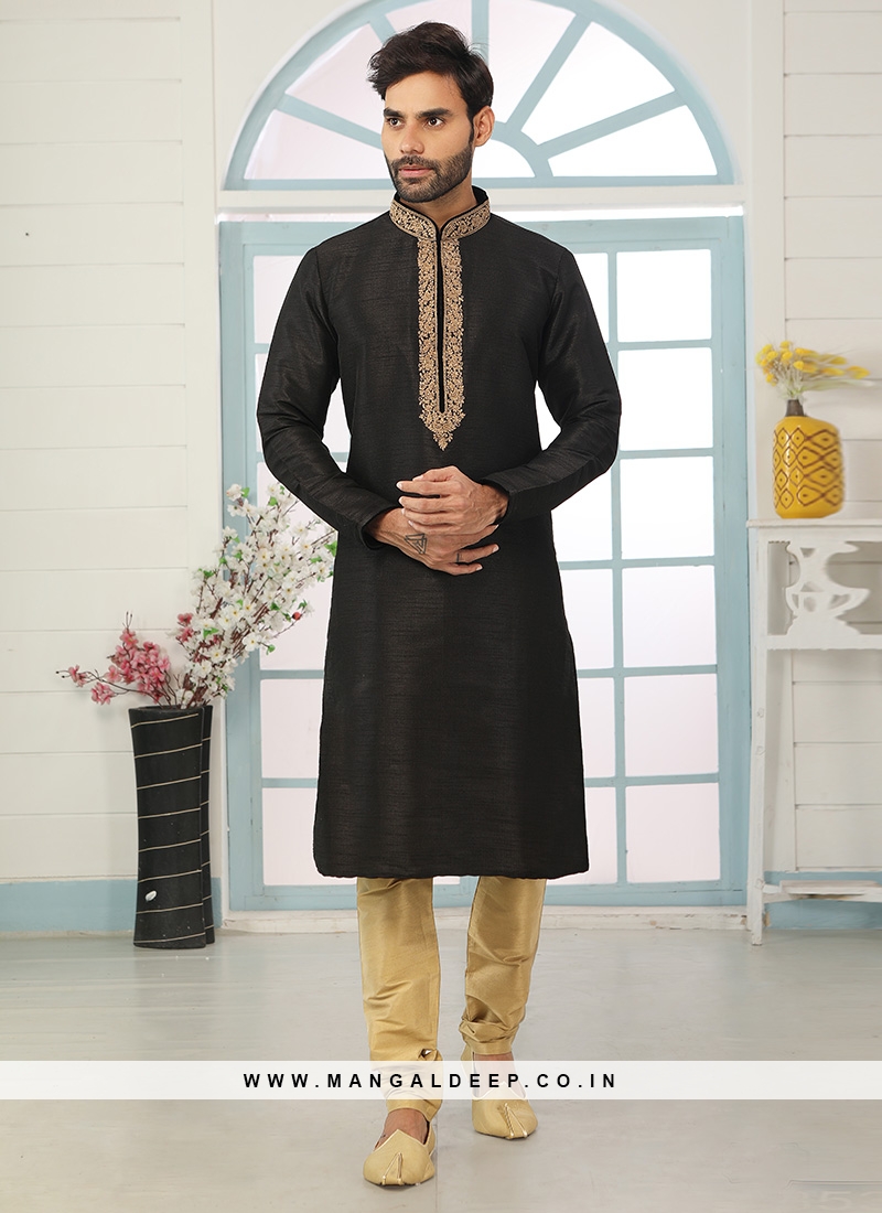 Festive Function Wear Black Color Embroidered Kurta Pajama