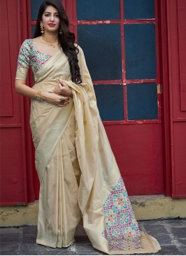 Festive Function Wear Cream Color Banarasi Silk Saree