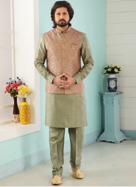 Festive Function Wear Green Color Kurta Pajama With Jacket