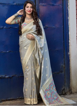 Festive Function Wear Grey Color Banarasi Silk Saree