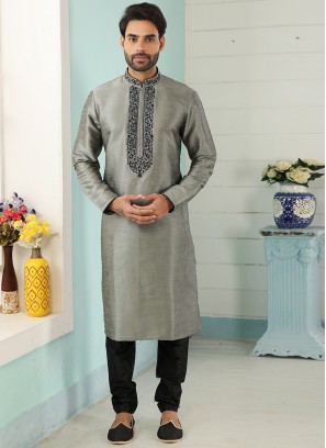 Festive Function Wear Grey Color Embroidered Kurta Pajama