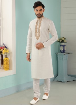 Festive Function Wear Off White Color Embroidered Kurta Pajama