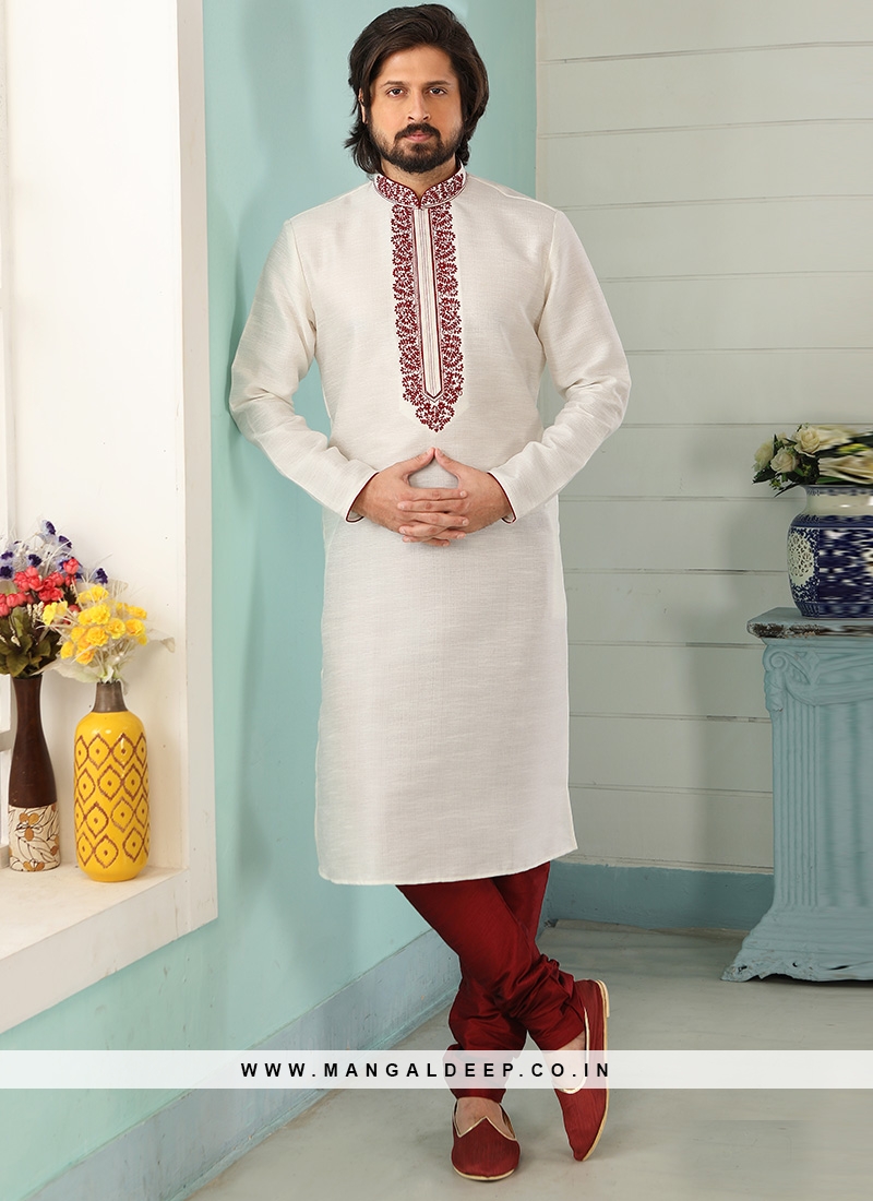 Festive Function Wear Off White Color Embroidered Kurta Pajama
