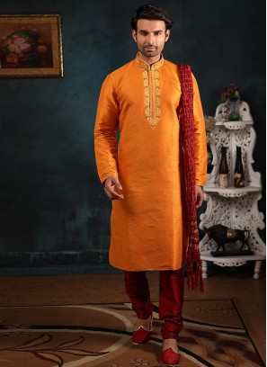 Festive Function Wear Orange Color Banarasi Art Silk Kurta Pajama