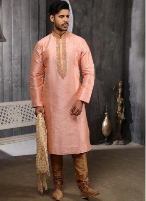 Festive Function Wear Peach Color Banarasi Art Silk Kurta Pajama