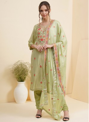 Festive Function Wear Silk Suit In Green Color