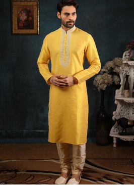 Festive Function Wear Yellow Color Banarasi Art Silk Kurta Pajama