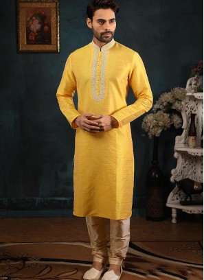Festive Function Wear Yellow Color Banarasi Art Silk Kurta Pajama