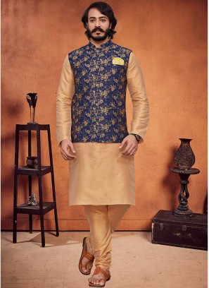 Festive Wear Cream And Blue kurta Jacket