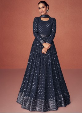 Fetching Georgette Navy Blue Floor Length Salwar Kameez