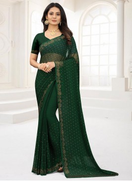 Fetching Swarovski Faux Chiffon Green Trendy Saree