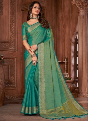 Fetching Woven Linen Sea Green Classic Saree