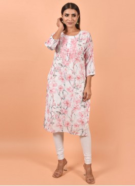 Fine Cotton Printed White Party Wear Kurti