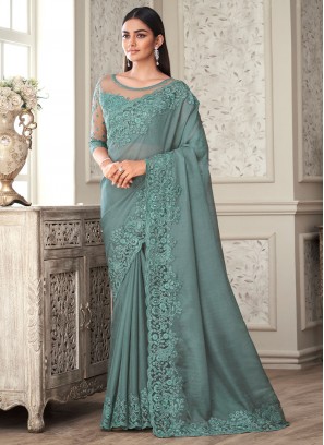 Fine Embroidered Sea Green Silk Contemporary Saree