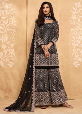 Fine Faux Georgette Black Embroidered Designer Pakistani Suit