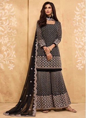 Fine Faux Georgette Black Embroidered Designer Pakistani Suit