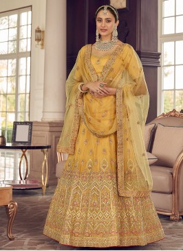 Fine Organza Yellow Embroidered A Line Lehenga Choli