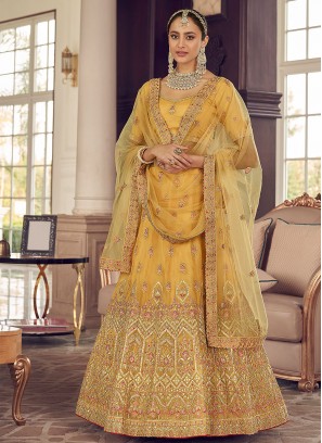 Fine Organza Yellow Embroidered A Line Lehenga Choli