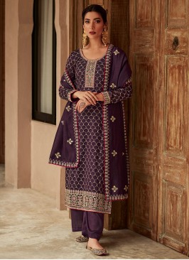 Fine Purple Embroidered Silk Long Length Salwar Kameez