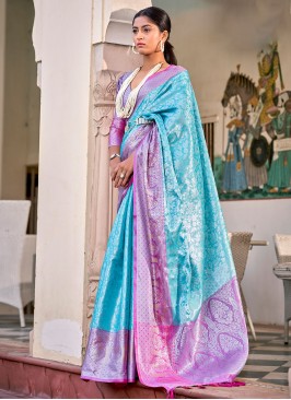 Firozi and Lavender Silk Weaving Saree