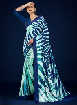 Firozi and Navy Blue Digital Print Contemporary Sa