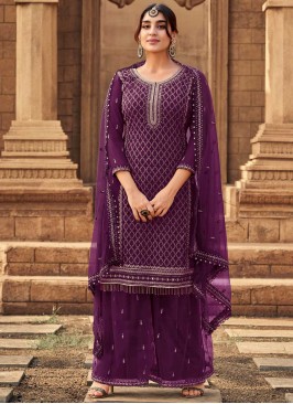 Flamboyant Embroidered Faux Georgette Purple Designer Pakistani Salwar Suit