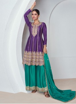 Flamboyant Embroidered Silk Purple Palazzo Salwar Kameez