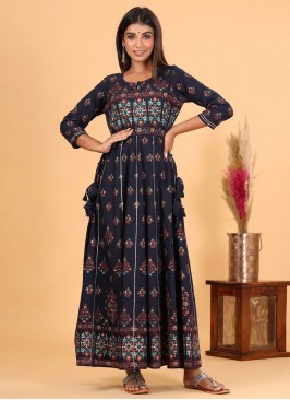 Flamboyant Navy Blue Printed Readymade Gown